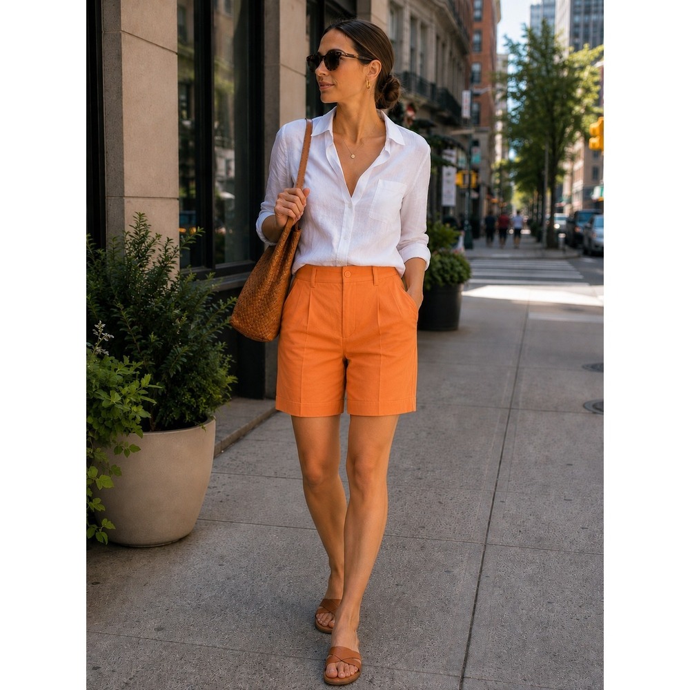 FARM Rio Orange Sherbert Linen Blend Pleated Vacation Resortwear Shorts Boho Med